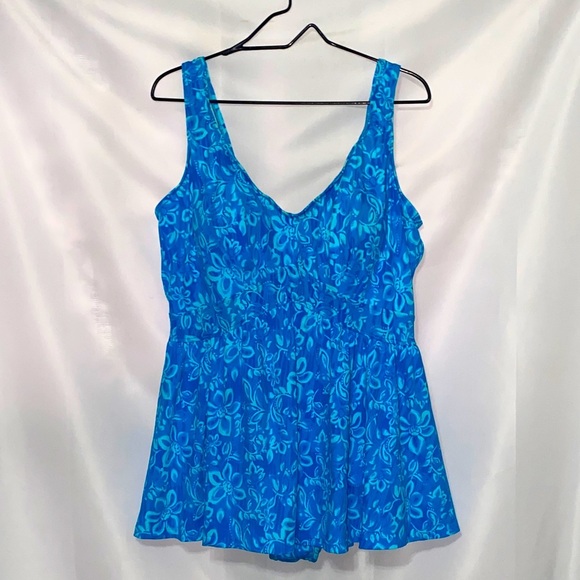 MAXINE  WO SIZE 24W ONE PIECE BATHING SUIT BLUE TROPICAL FLORAL PRINT CLEAN - Picture 1 of 10